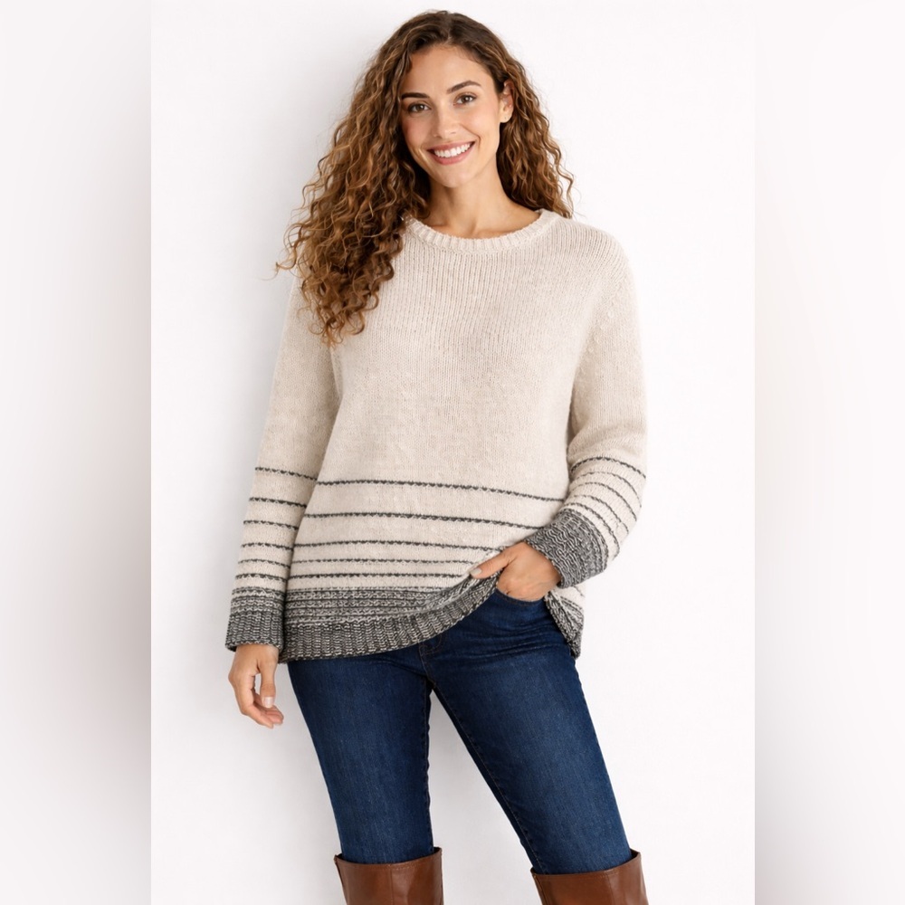 J. Jill Wool and Cotton Knit Crewneck Sweater Cream and Black Size L
